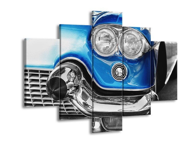 Glasschilderij Oldtimer, Auto | Grijs, Blauw, Zilver | 150x105cm 5Luik