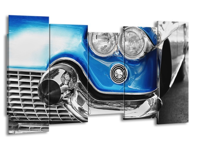 Glasschilderij Oldtimer, Auto | Grijs, Blauw, Zilver | 150x80cm 5Luik