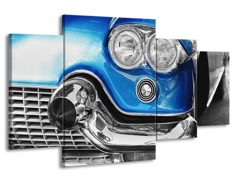 Canvas Schilderij Oldtimer, Auto | Grijs, Blauw, Zilver | 160x90cm 4Luik