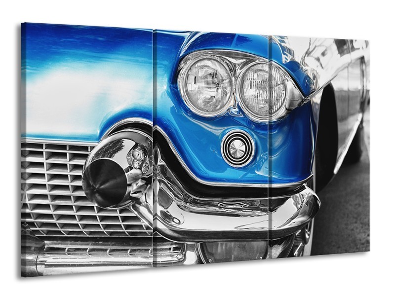 Glasschilderij Oldtimer, Auto | Grijs, Blauw, Zilver | 165x100cm 3Luik