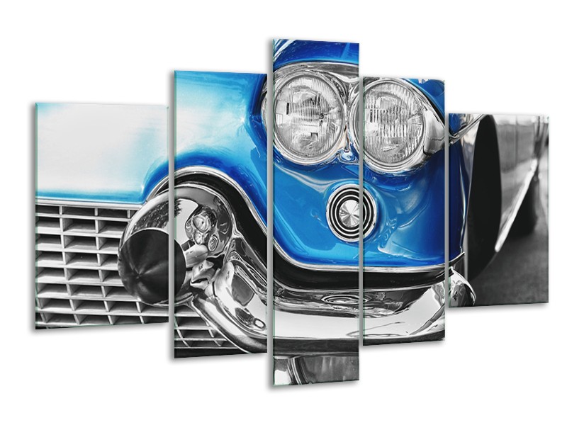 Canvas Schilderij Oldtimer, Auto | Grijs, Blauw, Zilver | 170x100cm 5Luik