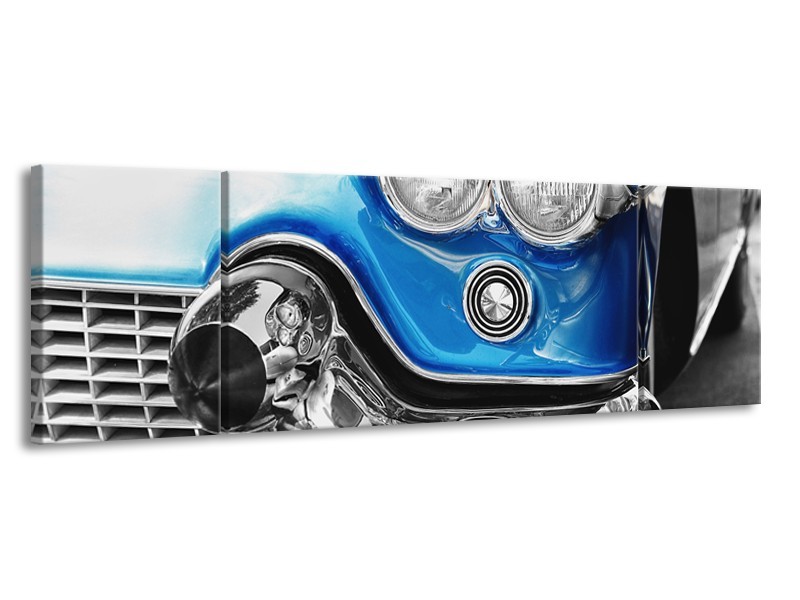 Glasschilderij Oldtimer, Auto | Grijs, Blauw, Zilver | 170x50cm 3Luik