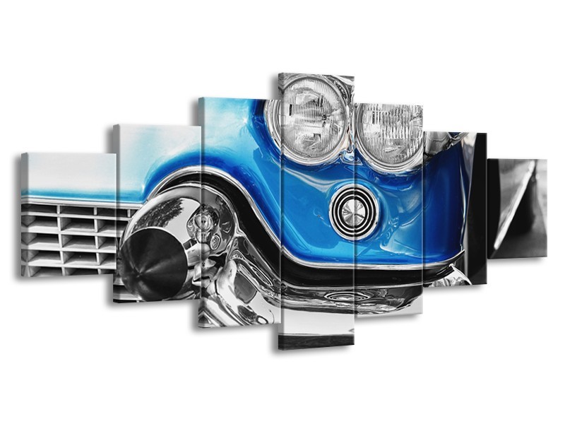 Glasschilderij Oldtimer, Auto | Grijs, Blauw, Zilver | 210x100cm 7Luik