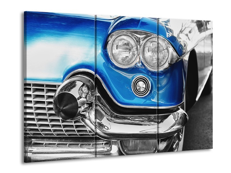 Glasschilderij Oldtimer, Auto | Grijs, Blauw, Zilver | 60x90cm 3Luik