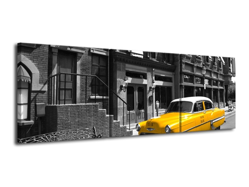 Canvas Schilderij Oldtimer, Auto | Zwart, Wit, Geel | 120x40cm 3Luik