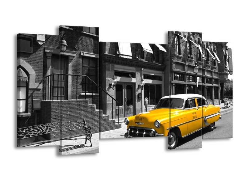 Glasschilderij Oldtimer, Auto | Zwart, Wit, Geel | 120x65cm 5Luik