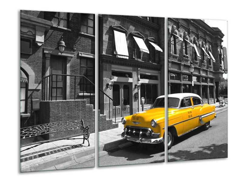 Glasschilderij Oldtimer, Auto | Zwart, Wit, Geel | 120x80cm 3Luik