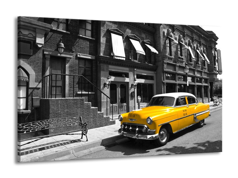 Glasschilderij Oldtimer, Auto | Zwart, Wit, Geel | 140x90cm 1Luik