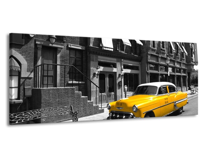 Glasschilderij Oldtimer, Auto | Zwart, Wit, Geel | 145x58cm 1Luik