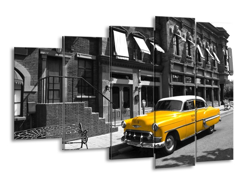 Glasschilderij Oldtimer, Auto | Zwart, Wit, Geel | 150x100cm 5Luik