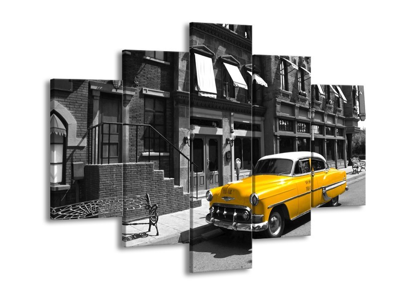 Glasschilderij Oldtimer, Auto | Zwart, Wit, Geel | 150x105cm 5Luik