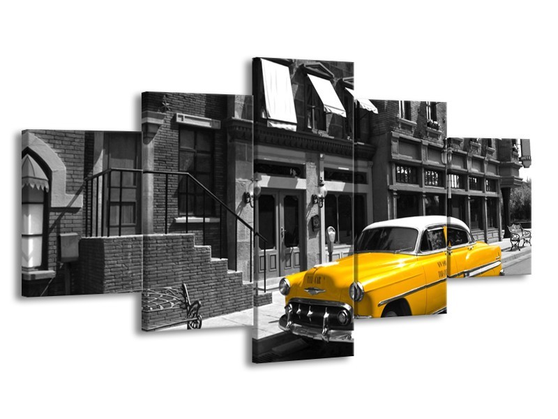 Glasschilderij Oldtimer, Auto | Zwart, Wit, Geel | 150x80cm 5Luik