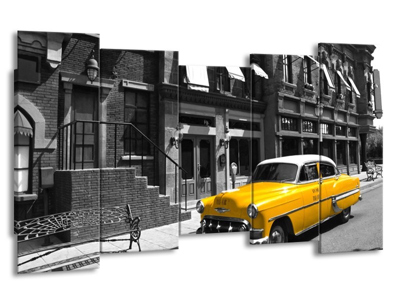 Glasschilderij Oldtimer, Auto | Zwart, Wit, Geel | 150x80cm 5Luik