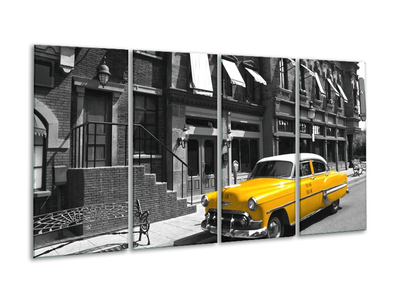 Glasschilderij Oldtimer, Auto | Zwart, Wit, Geel | 160x80cm 4Luik