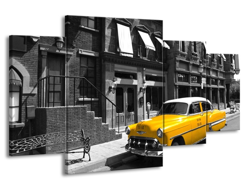 Glasschilderij Oldtimer, Auto | Zwart, Wit, Geel | 160x90cm 4Luik