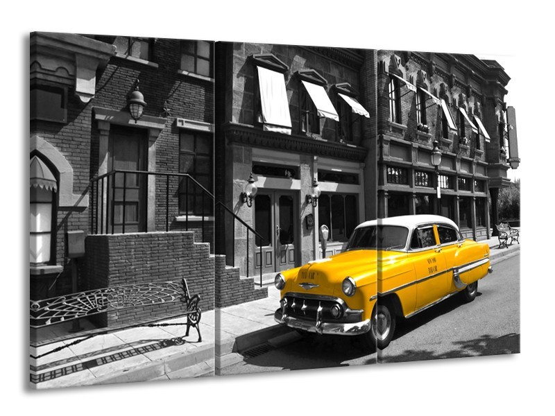 Canvas Schilderij Oldtimer, Auto | Zwart, Wit, Geel | 165x100cm 3Luik