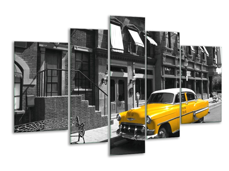 Glasschilderij Oldtimer, Auto | Zwart, Wit, Geel | 170x100cm 5Luik