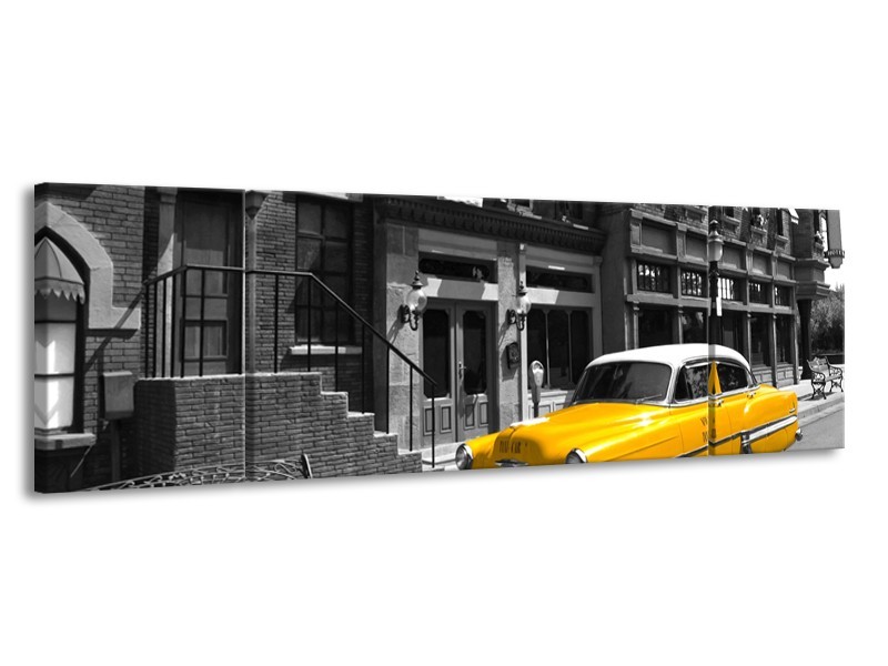 Glasschilderij Oldtimer, Auto | Zwart, Wit, Geel | 170x50cm 3Luik