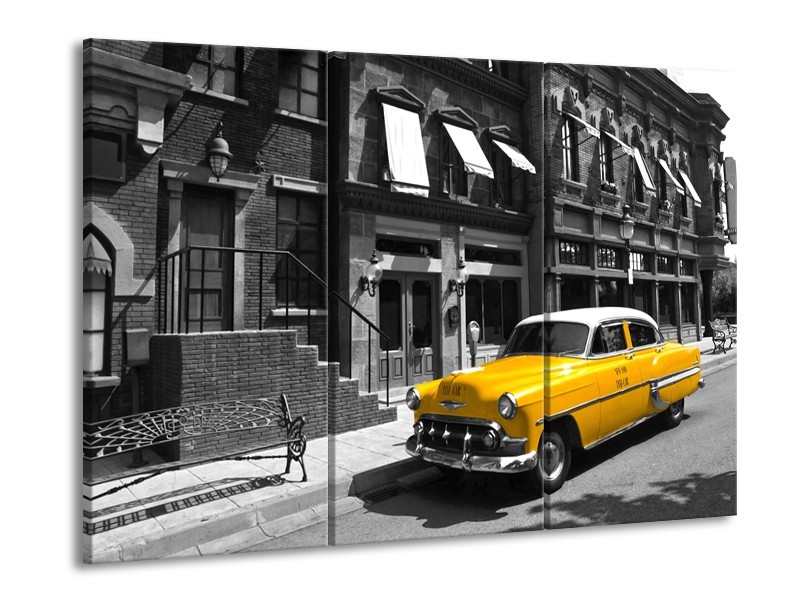 Glasschilderij Oldtimer, Auto | Zwart, Wit, Geel | 60x90cm 3Luik