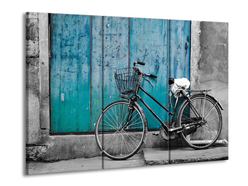 Canvas Schilderij Fiets | Turquoise, Grijs | 60x90cm 3Luik