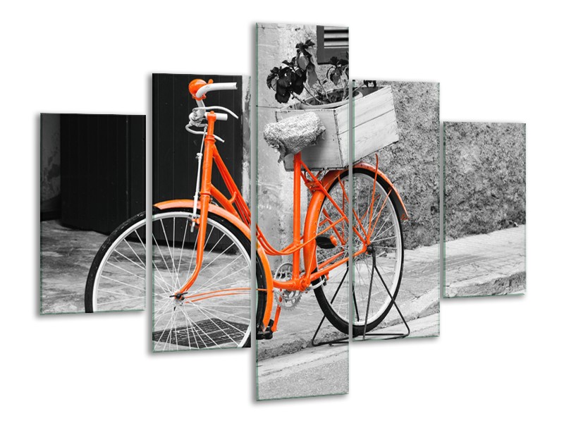 Canvas Schilderij Fiets | Grijs, Oranje, Zwart | 100x70cm 5Luik