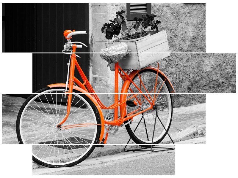 Canvas Schilderij Fiets | Grijs, Oranje, Zwart | 115x85cm 4Luik