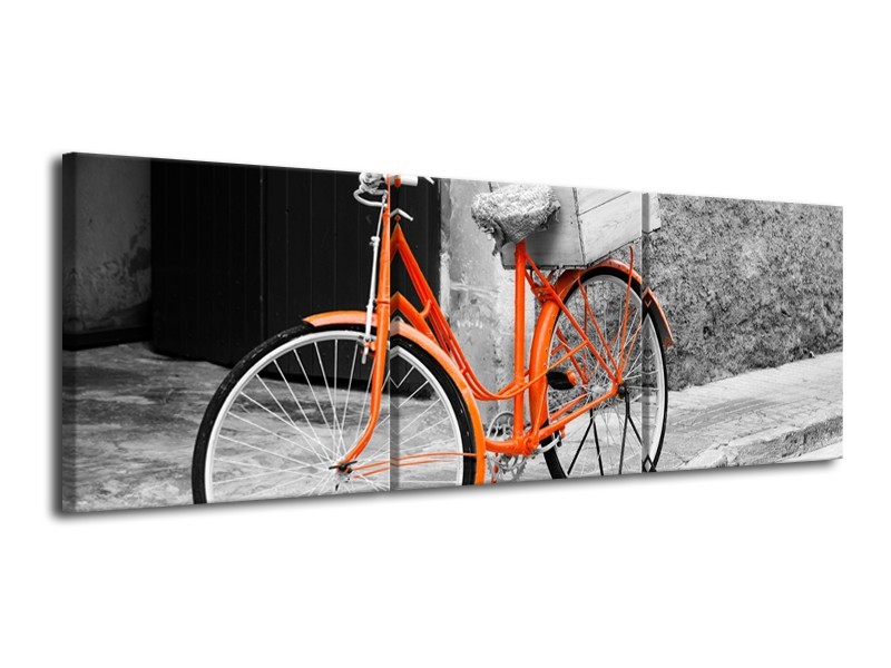 Glasschilderij Fiets | Grijs, Oranje, Zwart | 120x40cm 3Luik