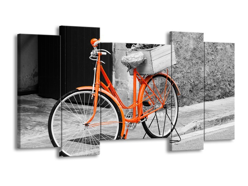 Canvas Schilderij Fiets | Grijs, Oranje, Zwart | 120x65cm 5Luik