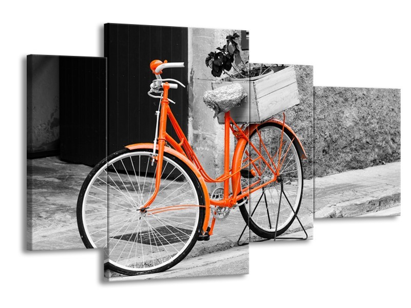 Canvas Schilderij Fiets | Grijs, Oranje, Zwart | 120x75cm 4Luik