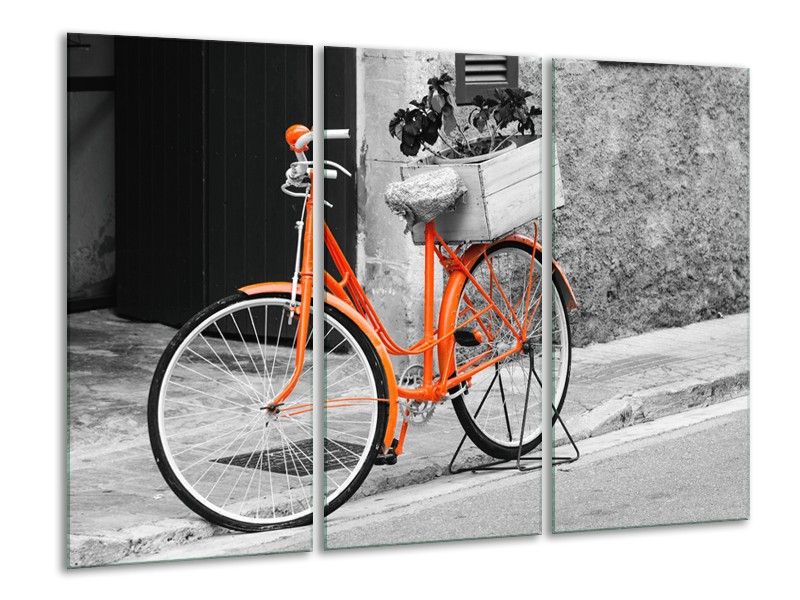 Glasschilderij Fiets | Grijs, Oranje, Zwart | 120x80cm 3Luik