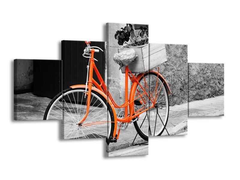 Glasschilderij Fiets | Grijs, Oranje, Zwart | 125x70cm 5Luik