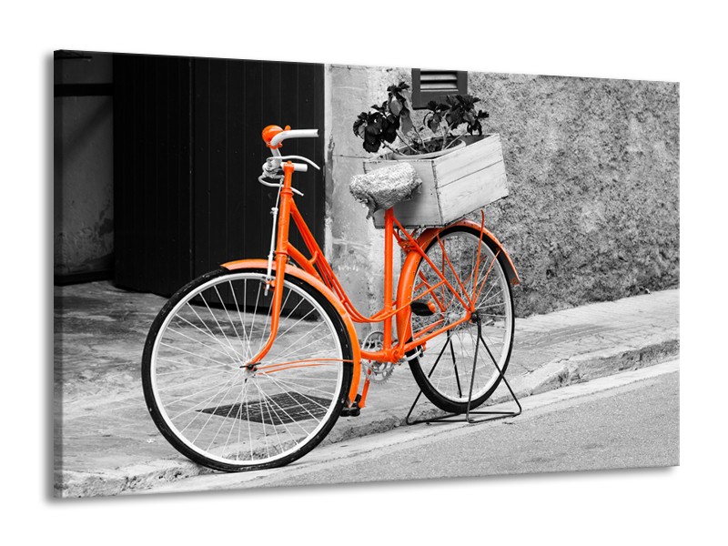 Glasschilderij Fiets | Grijs, Oranje, Zwart | 140x90cm 1Luik