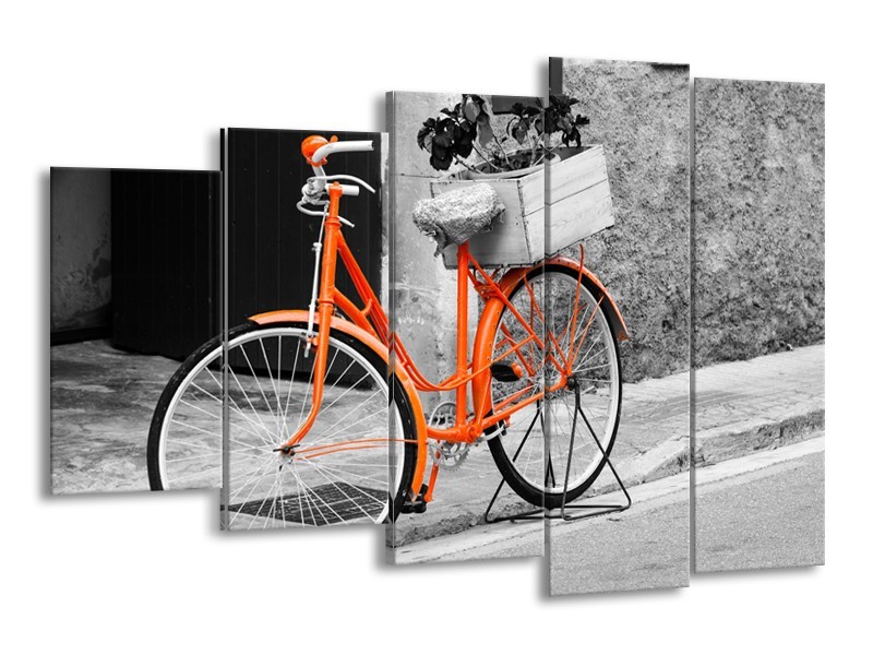 Canvas Schilderij Fiets | Grijs, Oranje, Zwart | 150x100cm 5Luik