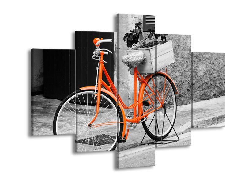 Canvas Schilderij Fiets | Grijs, Oranje, Zwart | 150x105cm 5Luik