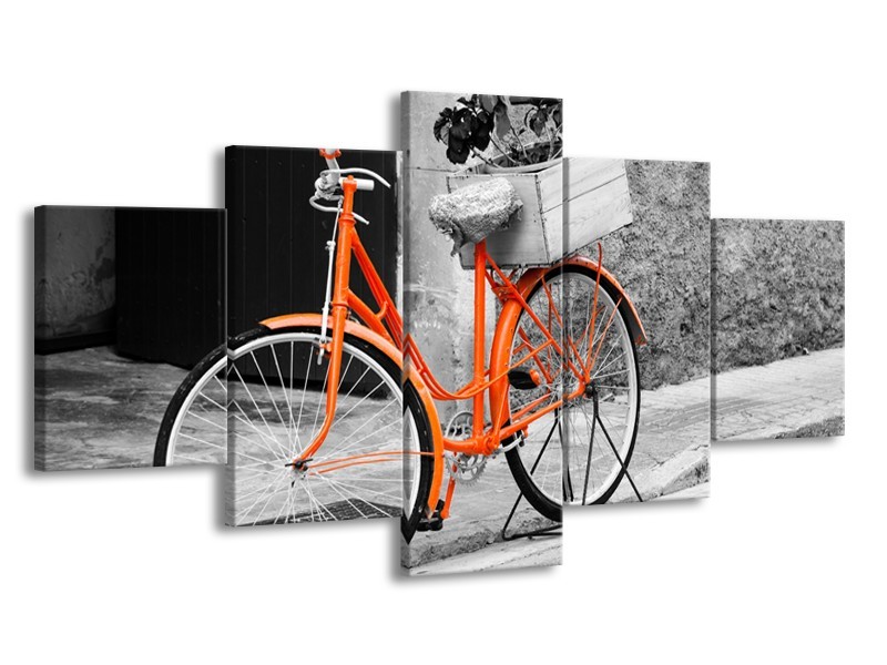 Glasschilderij Fiets | Grijs, Oranje, Zwart | 150x80cm 5Luik