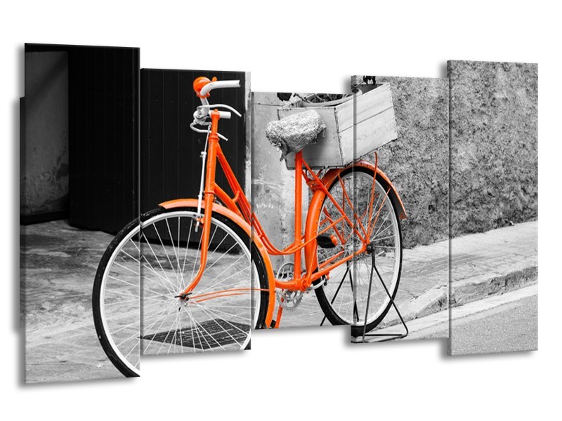 Canvas Schilderij Fiets | Grijs, Oranje, Zwart | 150x80cm 5Luik