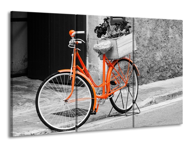 Canvas Schilderij Fiets | Grijs, Oranje, Zwart | 165x100cm 3Luik