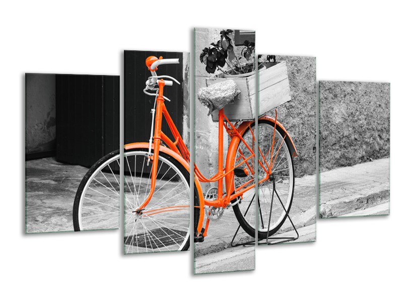 Canvas Schilderij Fiets | Grijs, Oranje, Zwart | 170x100cm 5Luik