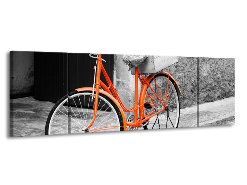 Canvas Schilderij Fiets | Grijs, Oranje, Zwart | 170x50cm 3Luik