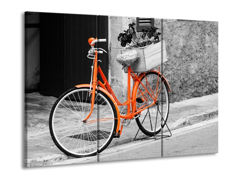 Canvas Schilderij Fiets | Grijs, Oranje, Zwart | 60x90cm 3Luik