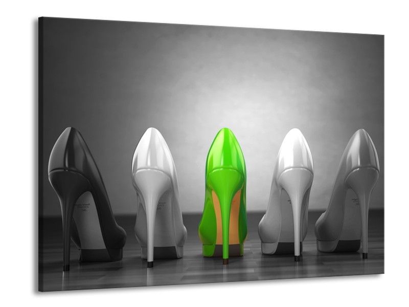 Glasschilderij Schoenen, Vrouw | Grijs, Groen, Zwart | 100x70cm 1Luik