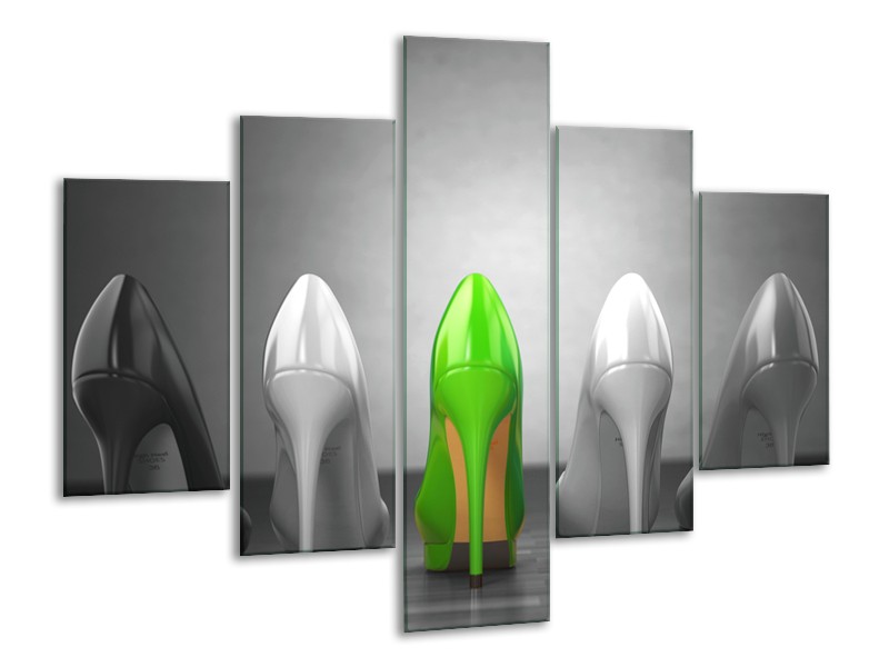 Glasschilderij Schoenen, Vrouw | Grijs, Groen, Zwart | 100x70cm 5Luik