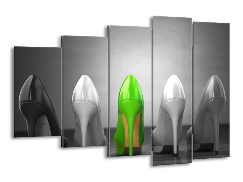 Canvas Schilderij Schoenen, Vrouw | Grijs, Groen, Zwart | 150x100cm 5Luik