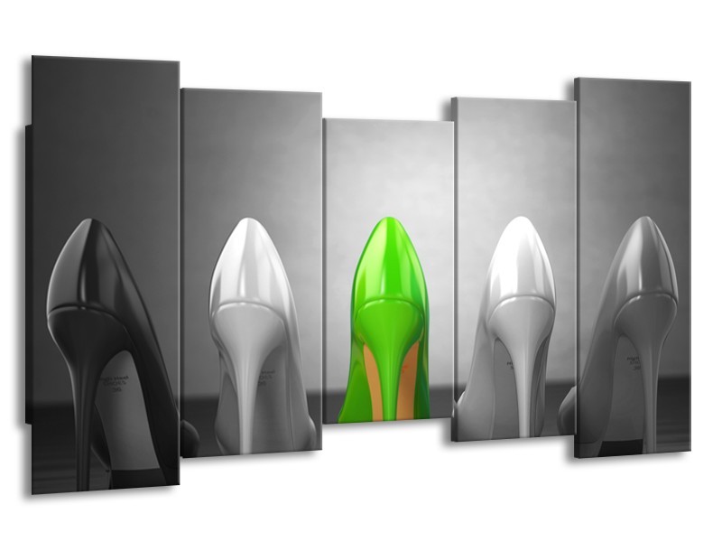 Glasschilderij Schoenen, Vrouw | Grijs, Groen, Zwart | 150x80cm 5Luik