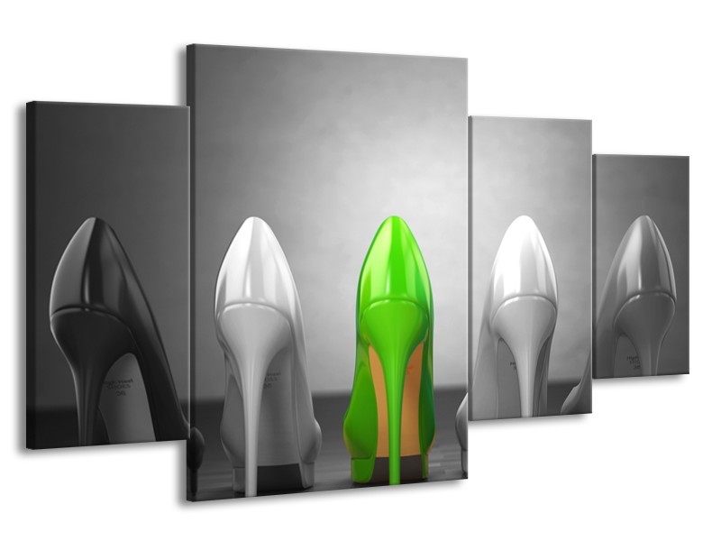 Glasschilderij Schoenen, Vrouw | Grijs, Groen, Zwart | 160x90cm 4Luik