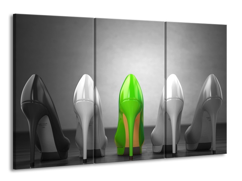 Glasschilderij Schoenen, Vrouw | Grijs, Groen, Zwart | 165x100cm 3Luik