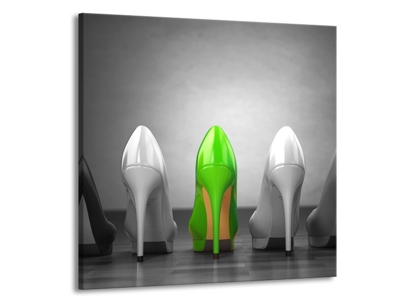 Glasschilderij Schoenen, Vrouw | Grijs, Groen, Zwart | 70x70cm 1Luik