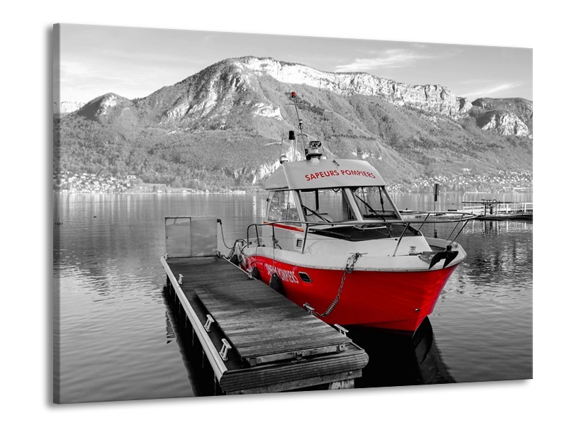 Glasschilderij Boot, Bergen | Zwart, Wit, Rood | 100x70cm 1Luik