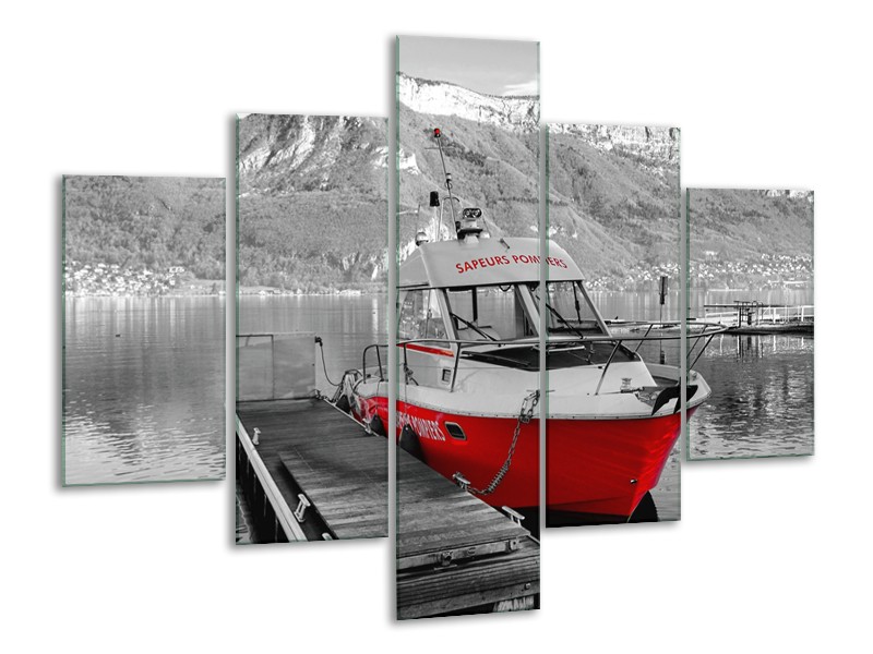 Canvas Schilderij Boot, Bergen | Zwart, Wit, Rood | 100x70cm 5Luik