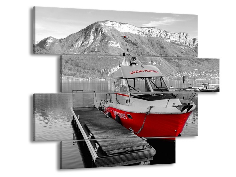 Canvas Schilderij Boot, Bergen | Zwart, Wit, Rood | 115x85cm 4Luik